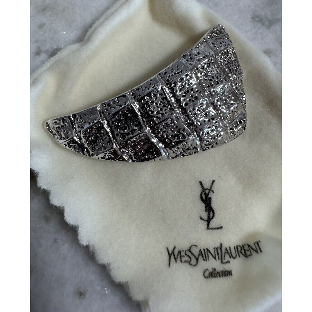 Auth Yves YSL Saint Laurent Silver Textured Brooch Large - Picture 2 of 8